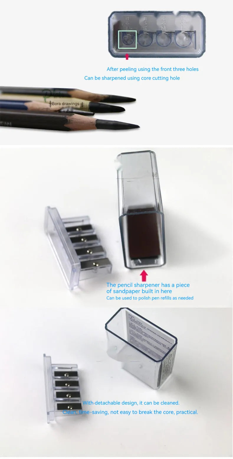 Geometric plastic pencil sharpener with four sharpening holes for different pencil sizes