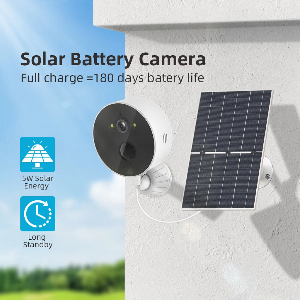 Outdoor security camera with solar panel for wireless 1080P monitoring