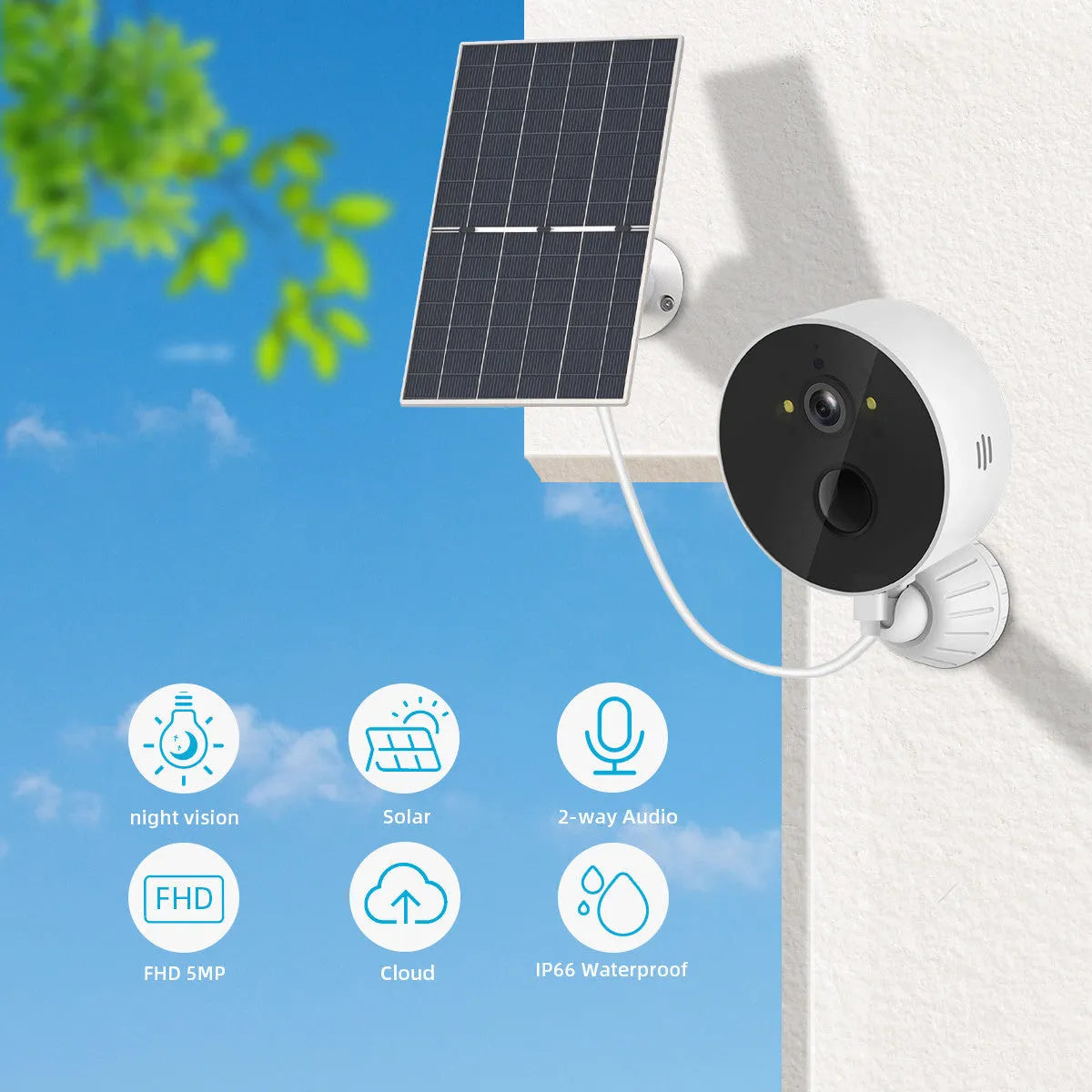 Outdoor security camera with solar panel for wireless 1080P monitoring