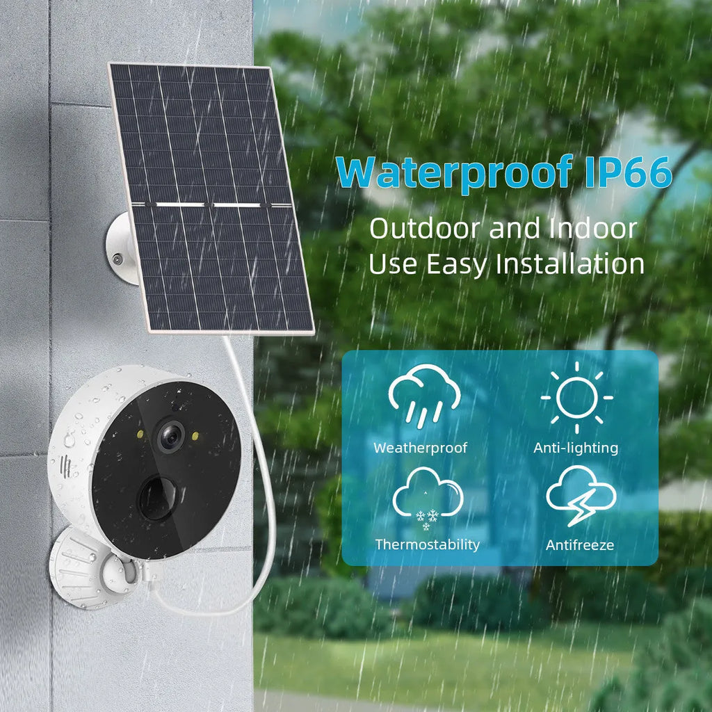 Outdoor security camera with solar panel for wireless 1080P monitoring