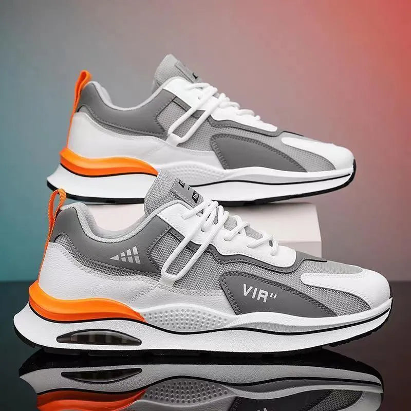 Men's grey and black mesh casual running shoes with a lightning graphic and round toe.