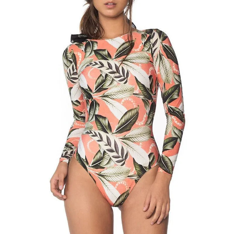 Women's leaf print backless one-piece swimsuit for swimming sports