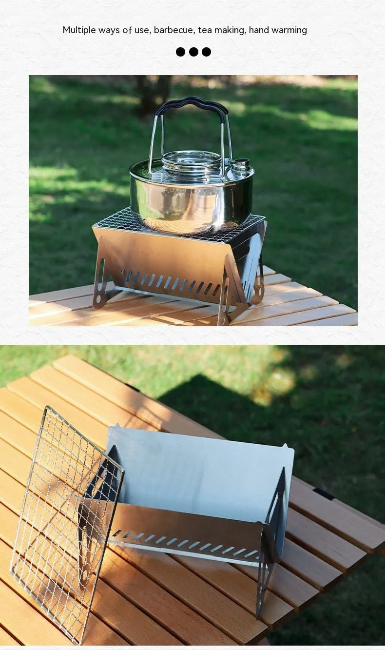 Large stainless steel folding barbecue oven with storage bag, suitable for outdoor grilling.