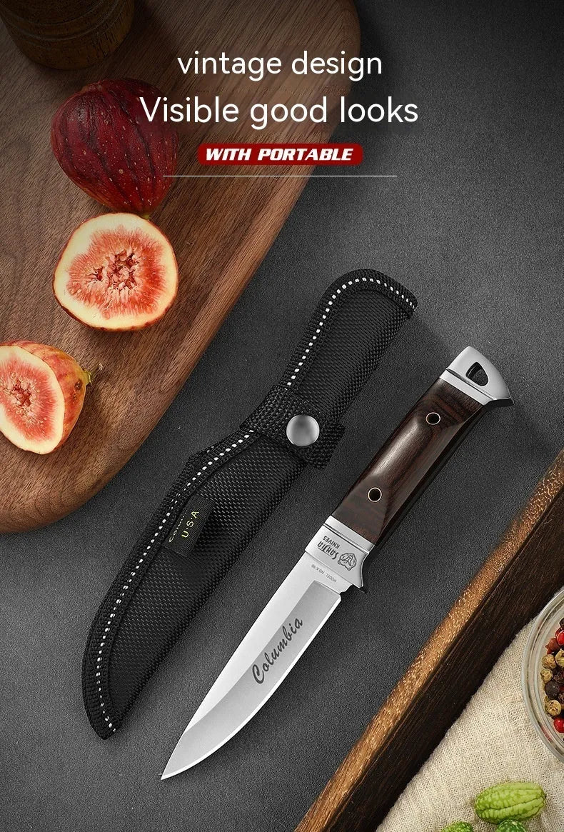Stainless steel camping fruit knife with brown leather protective case