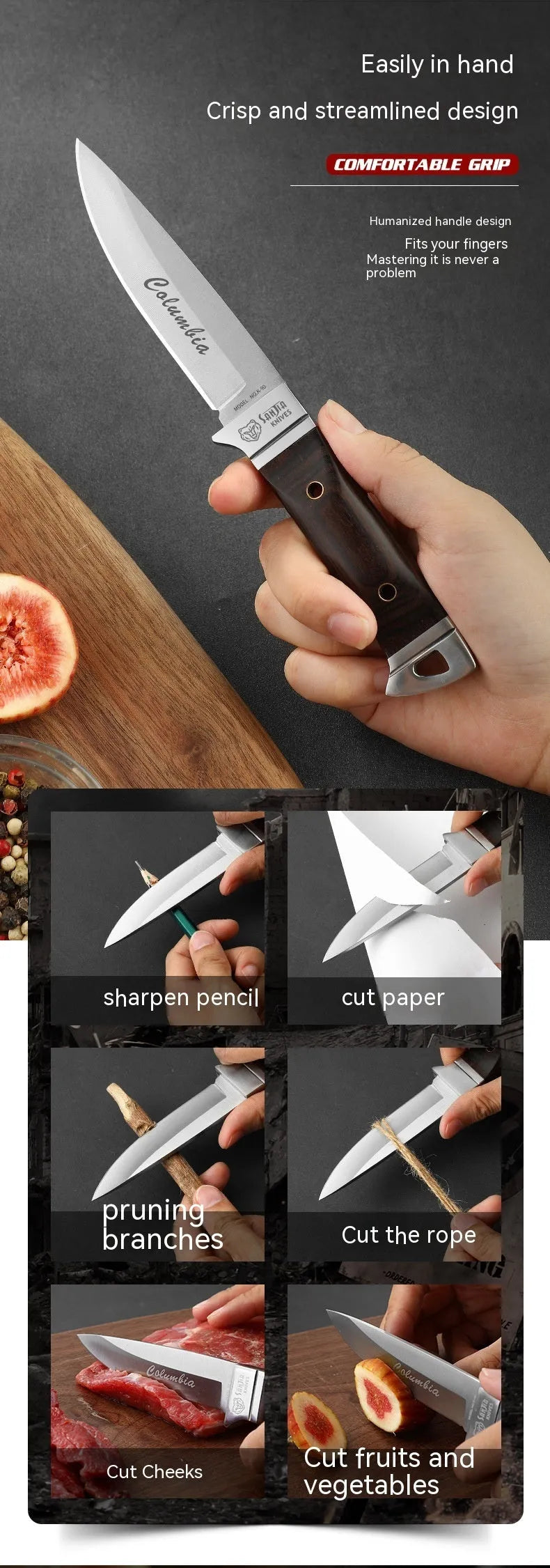 Stainless steel camping fruit knife with brown leather protective case