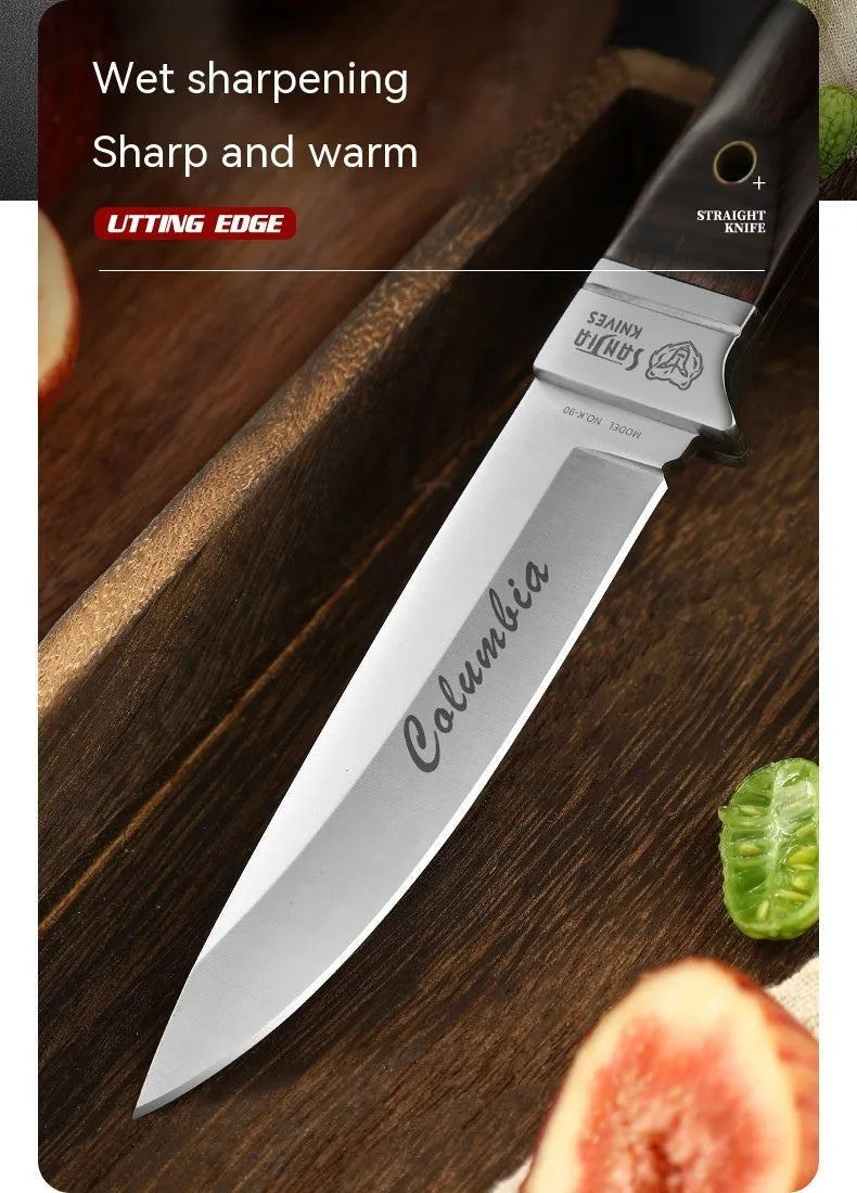 Stainless steel camping fruit knife with brown leather protective case