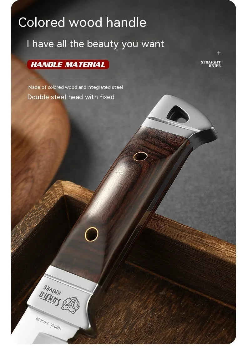 Stainless steel camping fruit knife with brown leather protective case