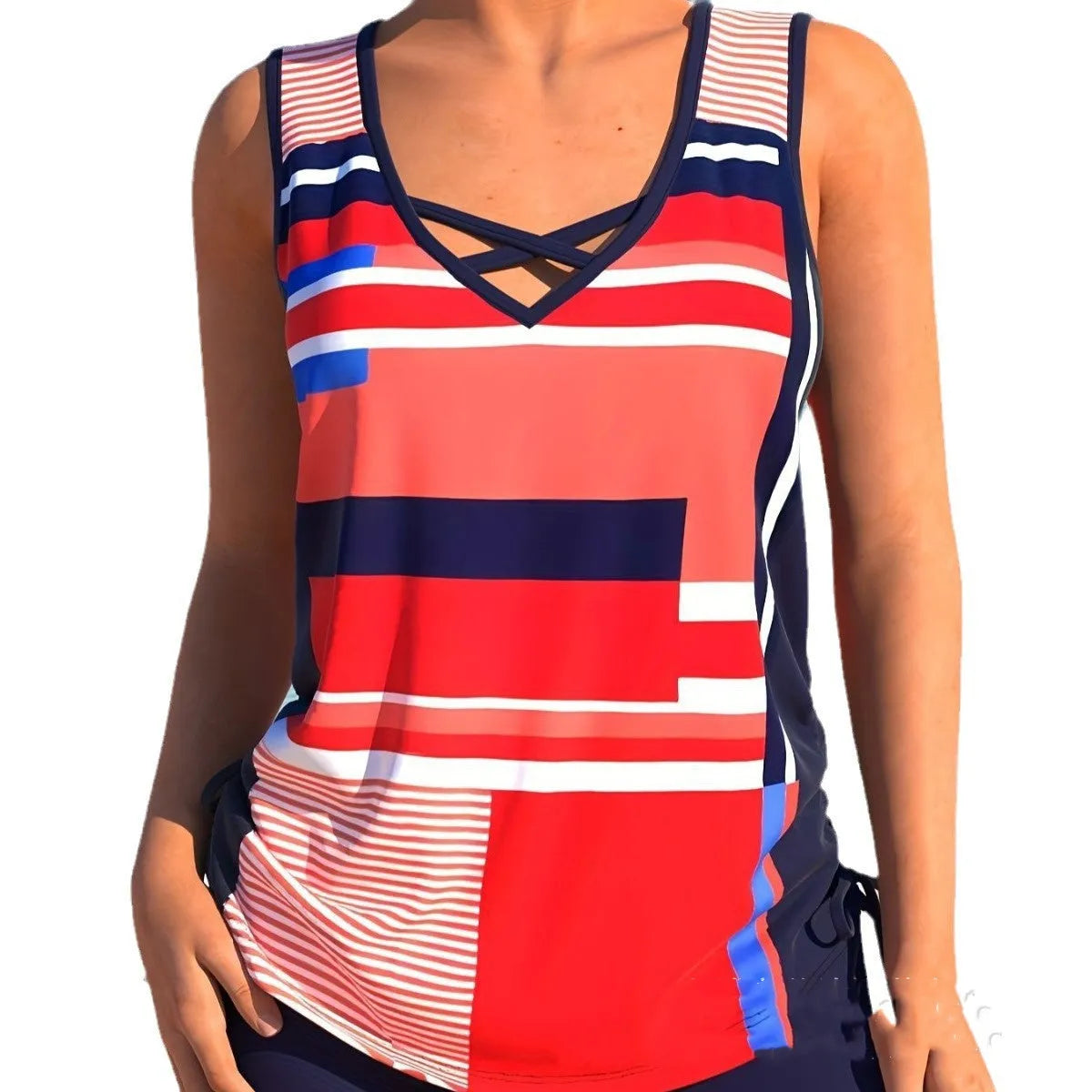 Women's printed split boxer swimsuit set with top and shorts in multiple colours.