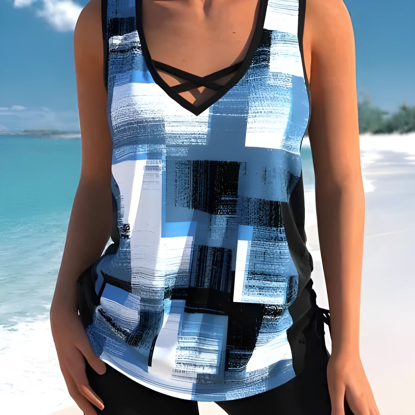 Women's printed split boxer swimsuit set with top and shorts in multiple colours.