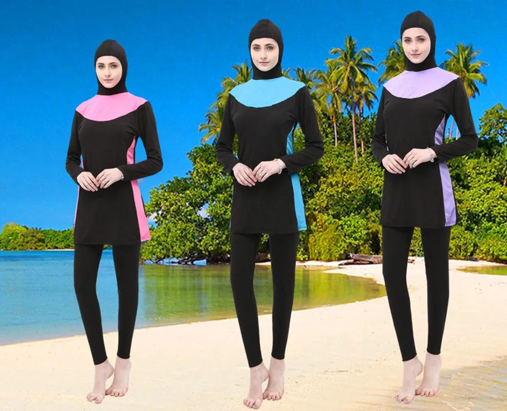 Conservative women's hooded swimsuit with long sleeves and separate top and bottom in black with colour trim
