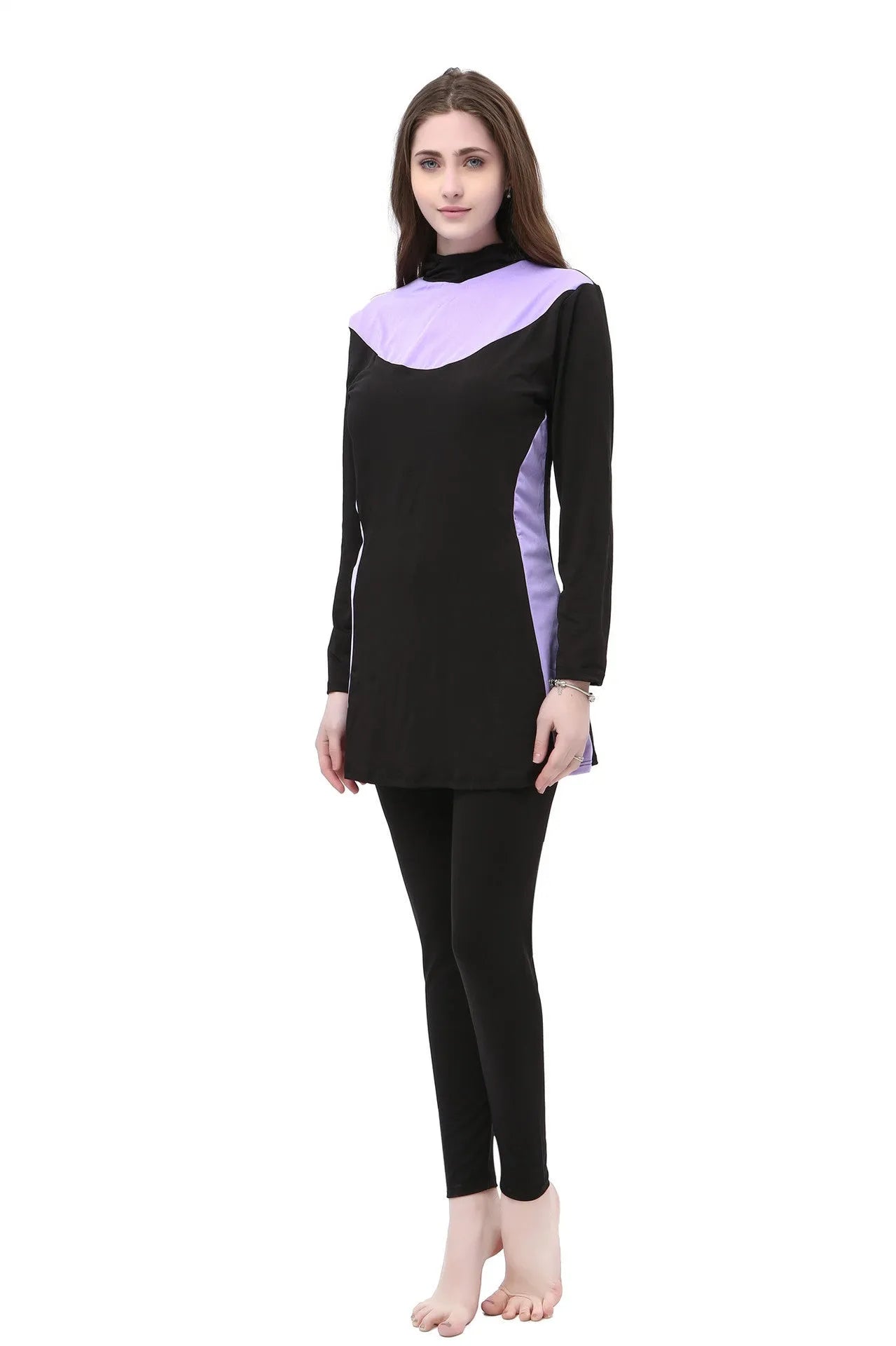 Conservative women's hooded swimsuit with long sleeves and separate top and bottom in black with colour trim