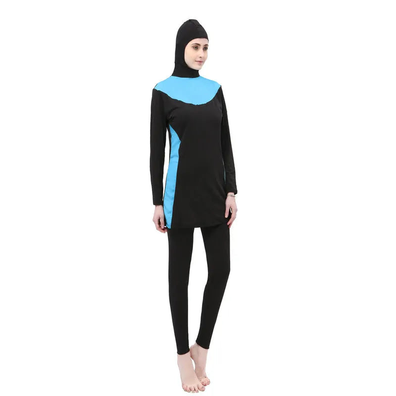 Conservative women's hooded swimsuit with long sleeves and separate top and bottom in black with colour trim