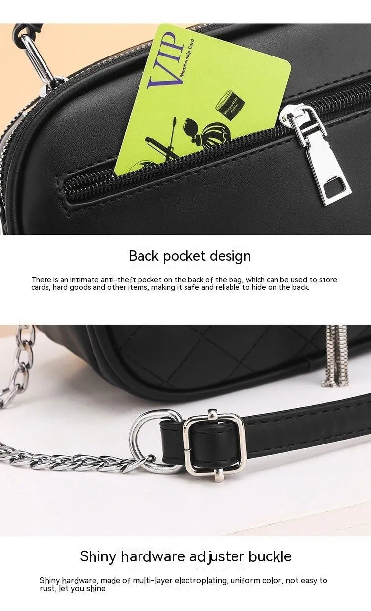 One-shoulder large capacity PU handbag in Deer Black with chain detail, horizontal square shape, 20 cm length