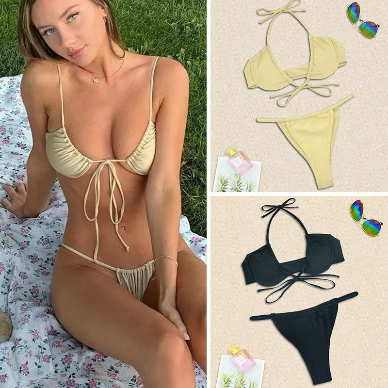 Women's black and mint green split bikini made from nylon fabric, showing front and back views.