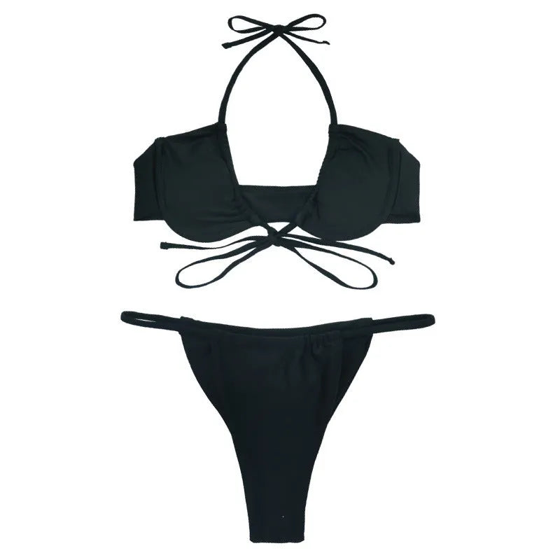Women's black and mint green split bikini made from nylon fabric, showing front and back views.