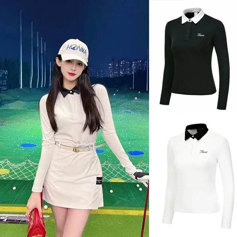 Women's black and white long sleeve golf top with slim fit design for outdoor sports