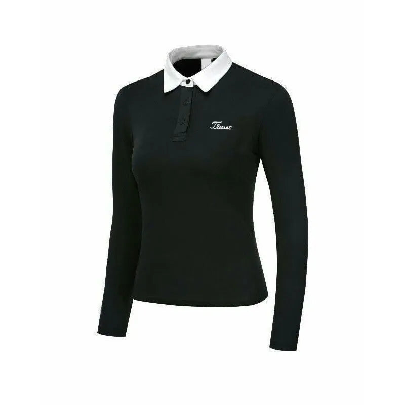 Women's black and white long sleeve golf top with slim fit design for outdoor sports