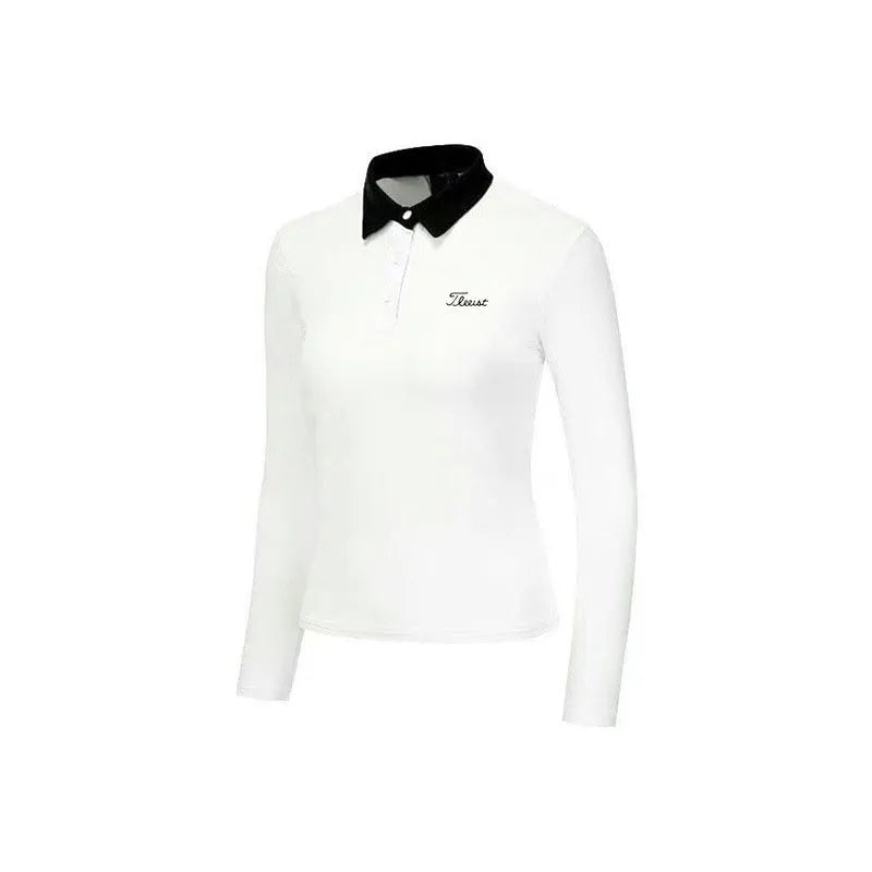 Women's black and white long sleeve golf top with slim fit design for outdoor sports