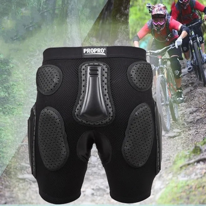 Black cycling hip protection pants with adjustable waistband and side-release buckle.