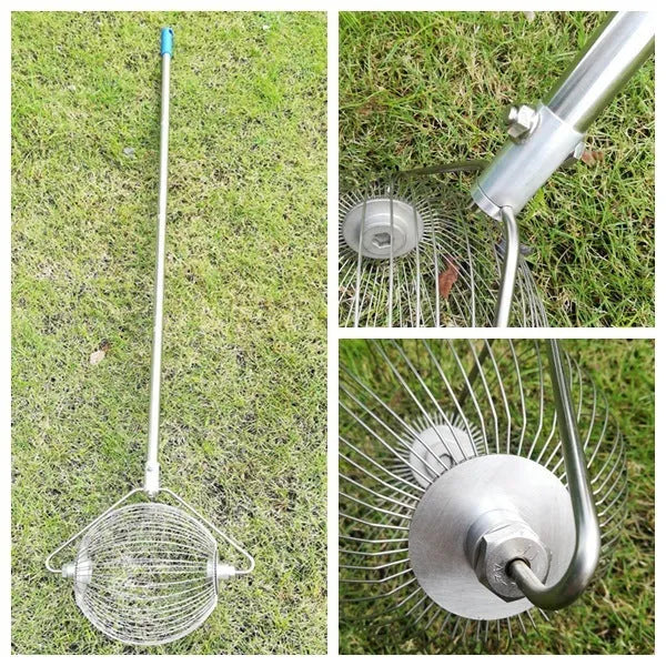 Metallic coloured stainless steel golf ball picker for retrieving balls from course hazards