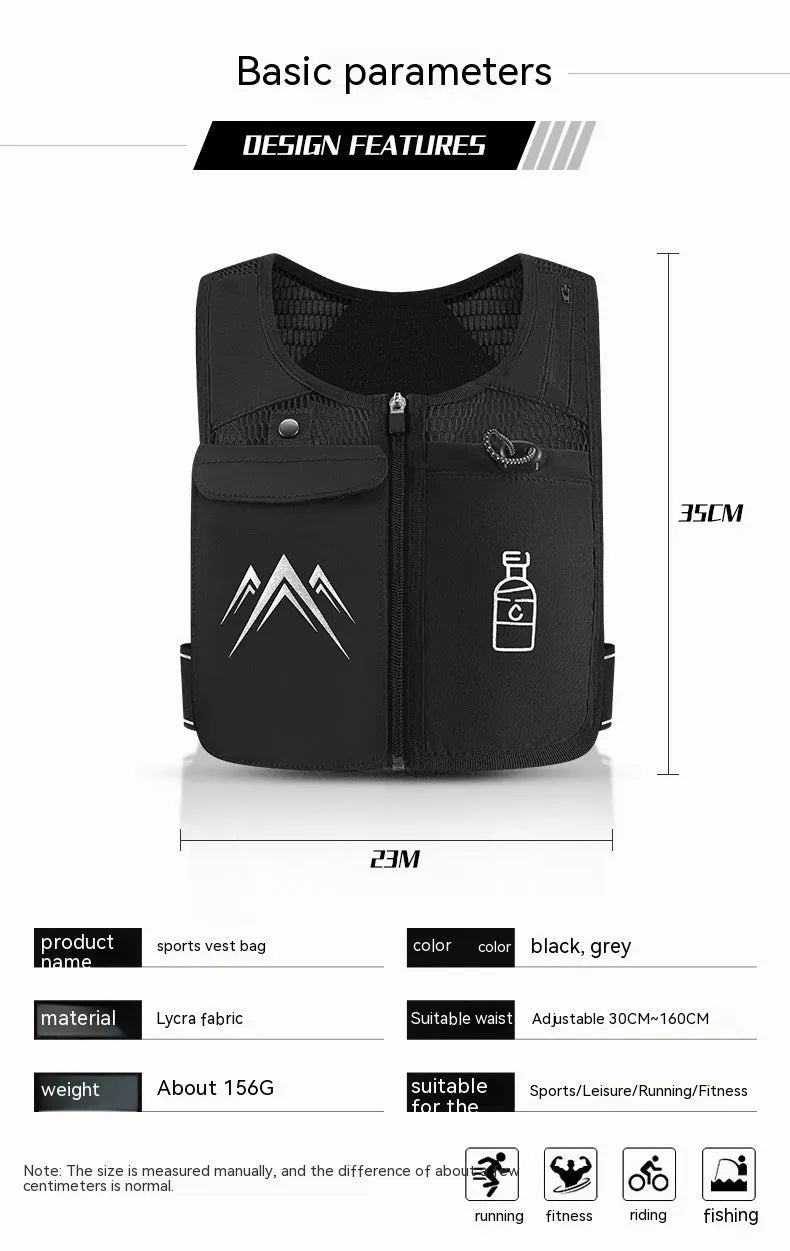 Breathable mesh running vest in grey with integrated front phone pocket for outdoor sports.