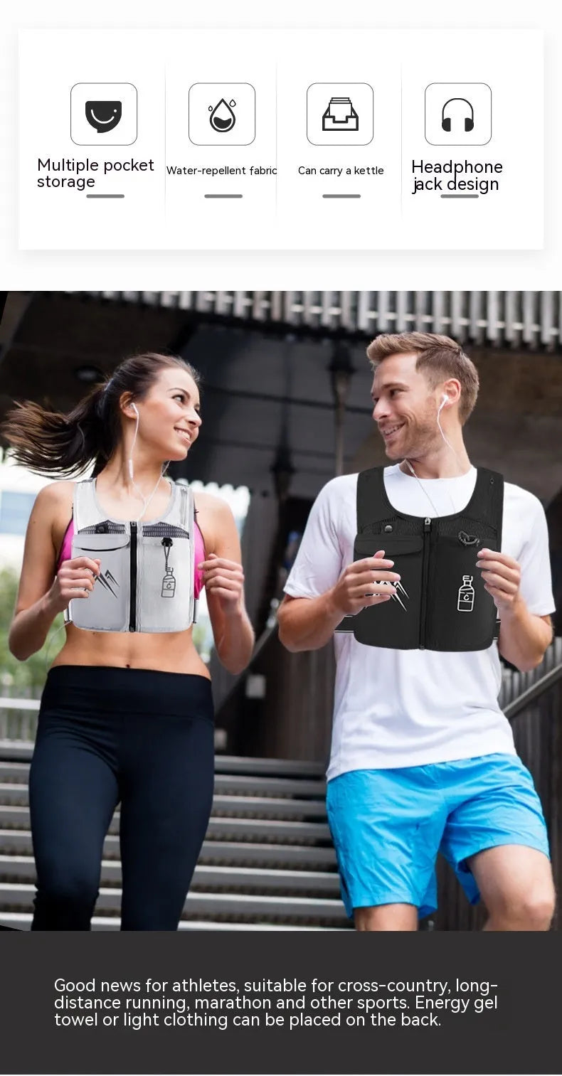 Breathable mesh running vest in grey with integrated front phone pocket for outdoor sports.