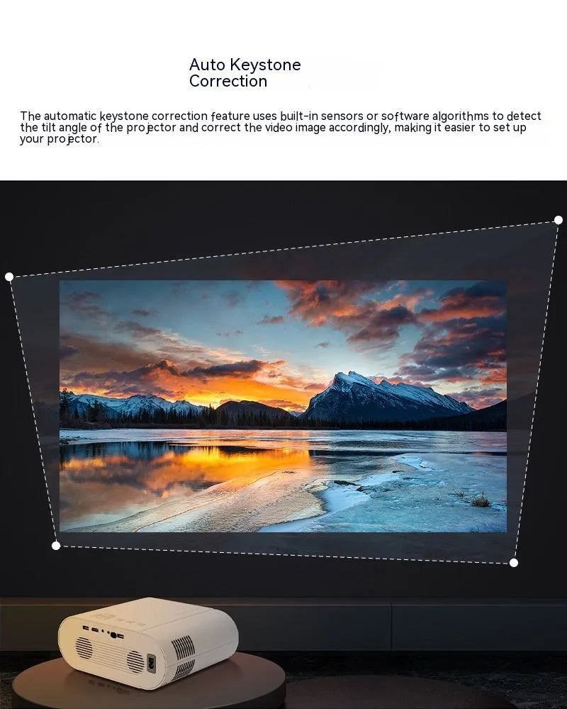 White T07 Full HD 1080p smart Android projector with remote control on a table.