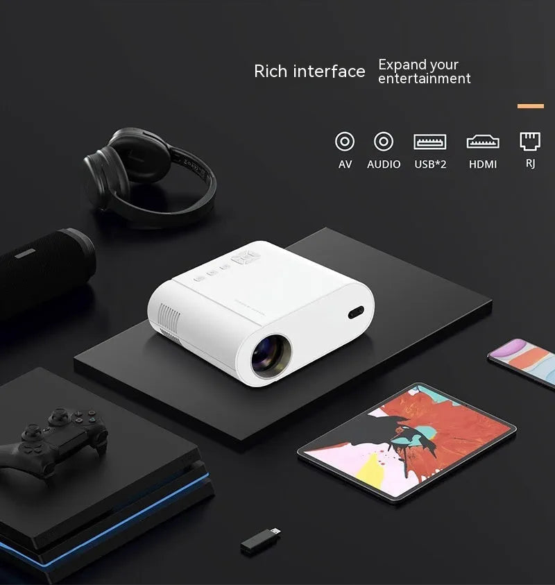 White T07 Full HD 1080p smart Android projector with remote control on a table.