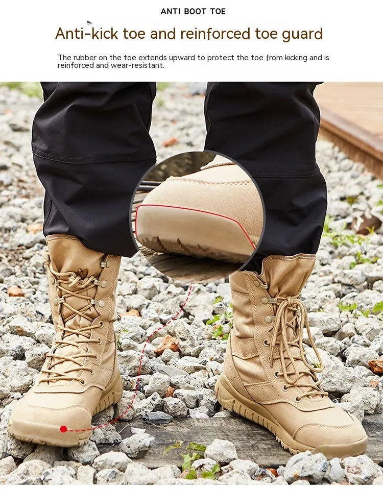 Black and sand coloured Yulong tactical desert combat boots for outdoor climbing and sports.