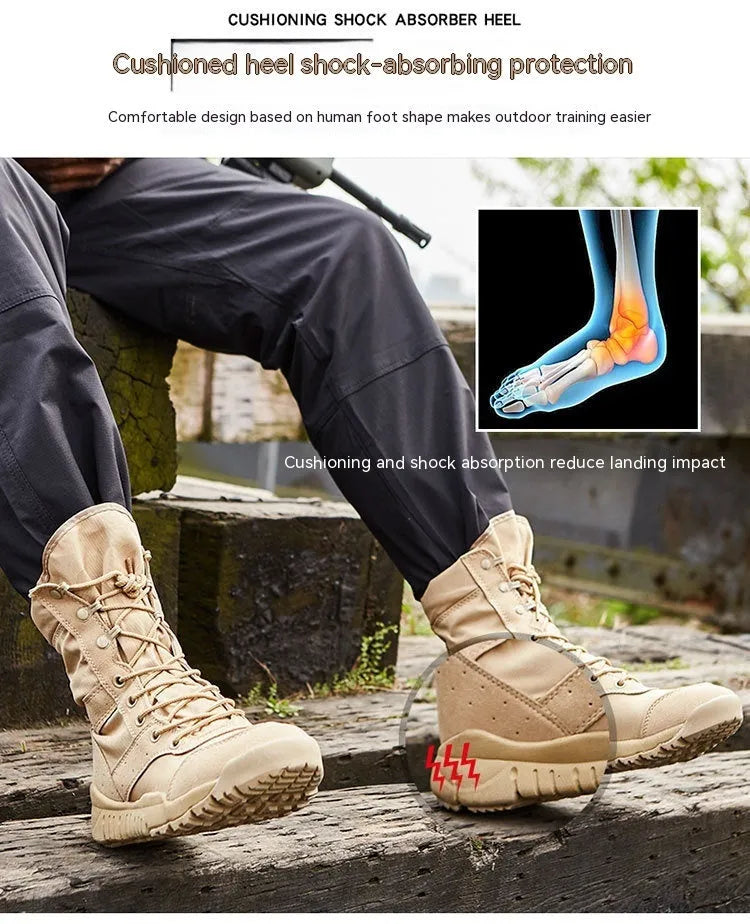 Black and sand coloured Yulong tactical desert combat boots for outdoor climbing and sports.