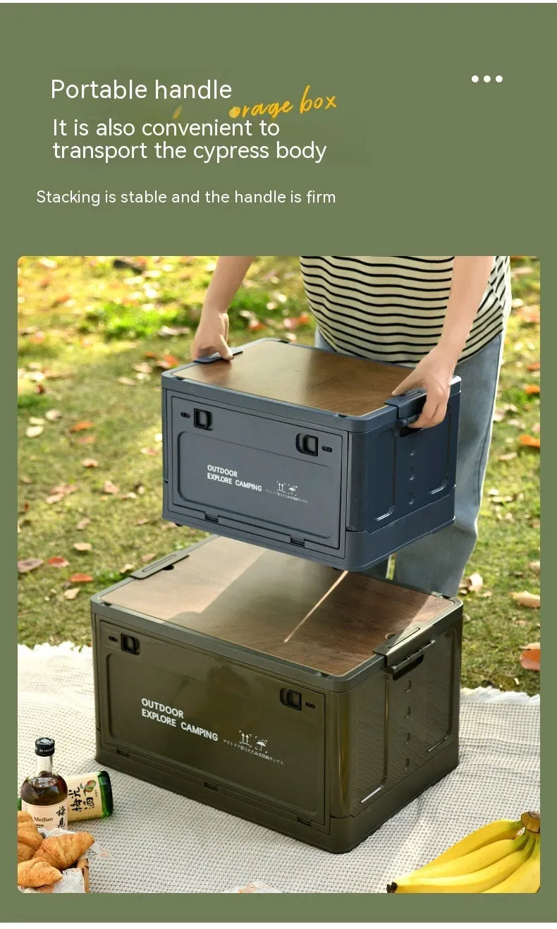 Large white foldable storage box with wooden lid showing dimensions and storage capacity
