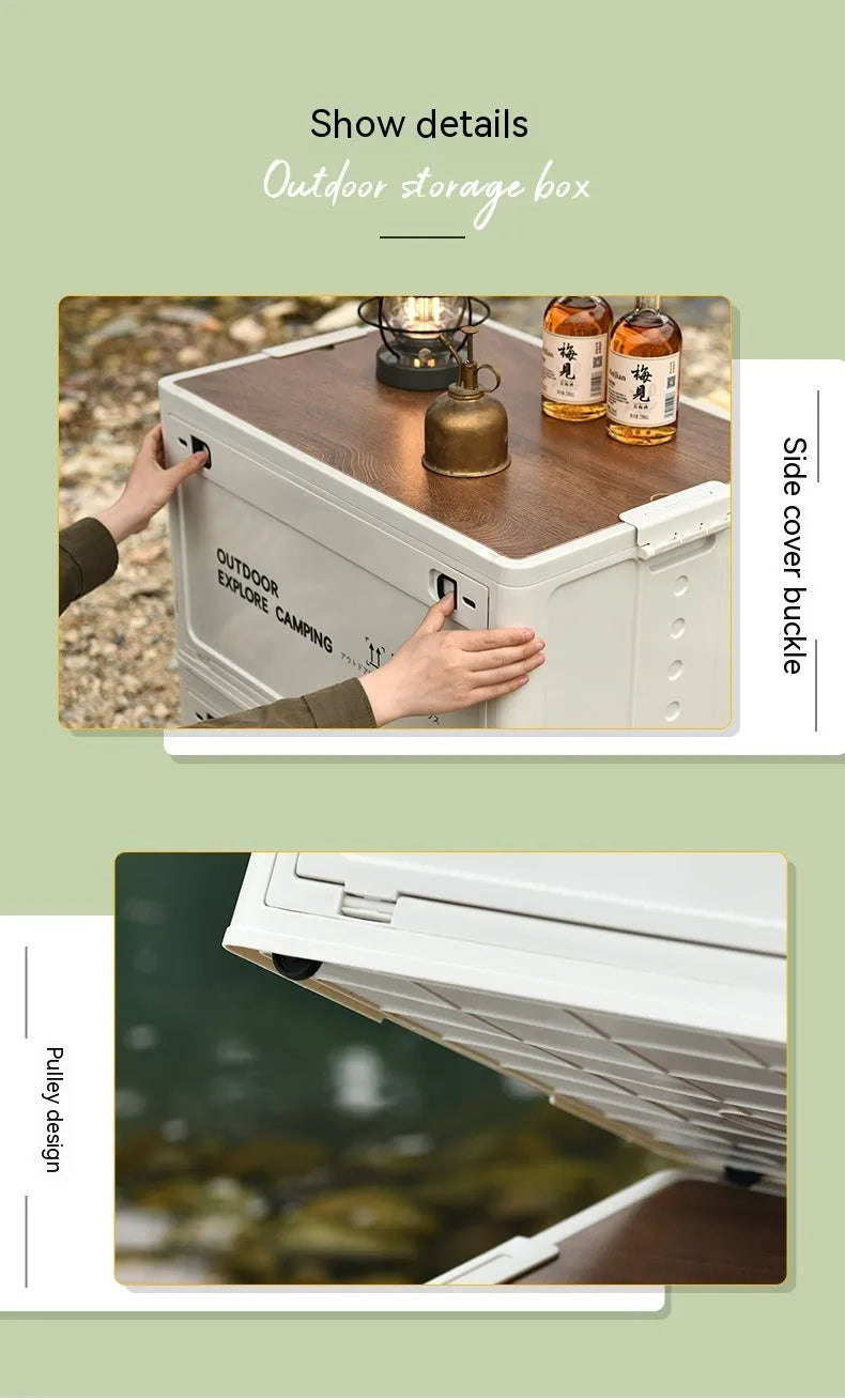 Large white foldable storage box with wooden lid showing dimensions and storage capacity