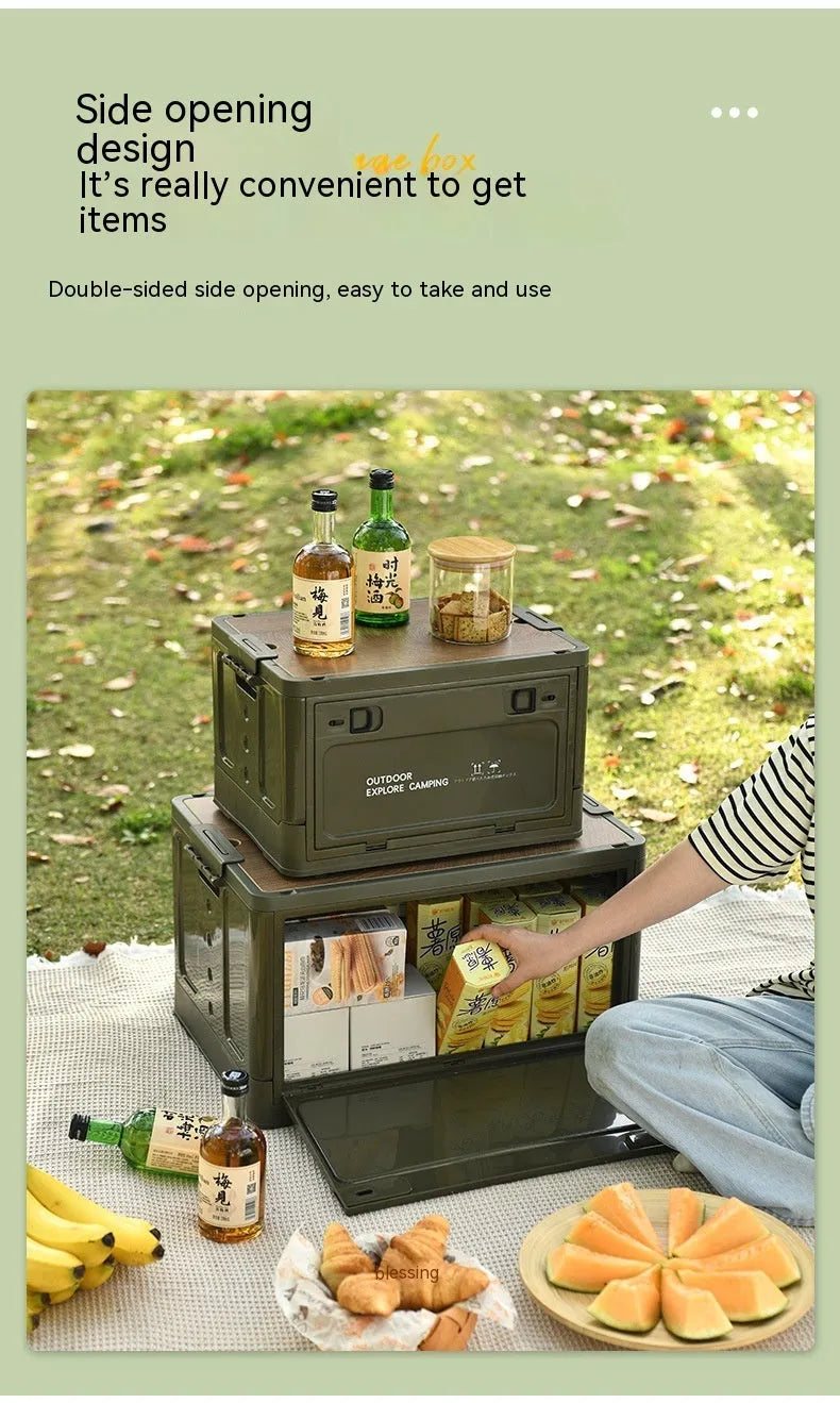 Large white foldable storage box with wooden lid showing dimensions and storage capacity