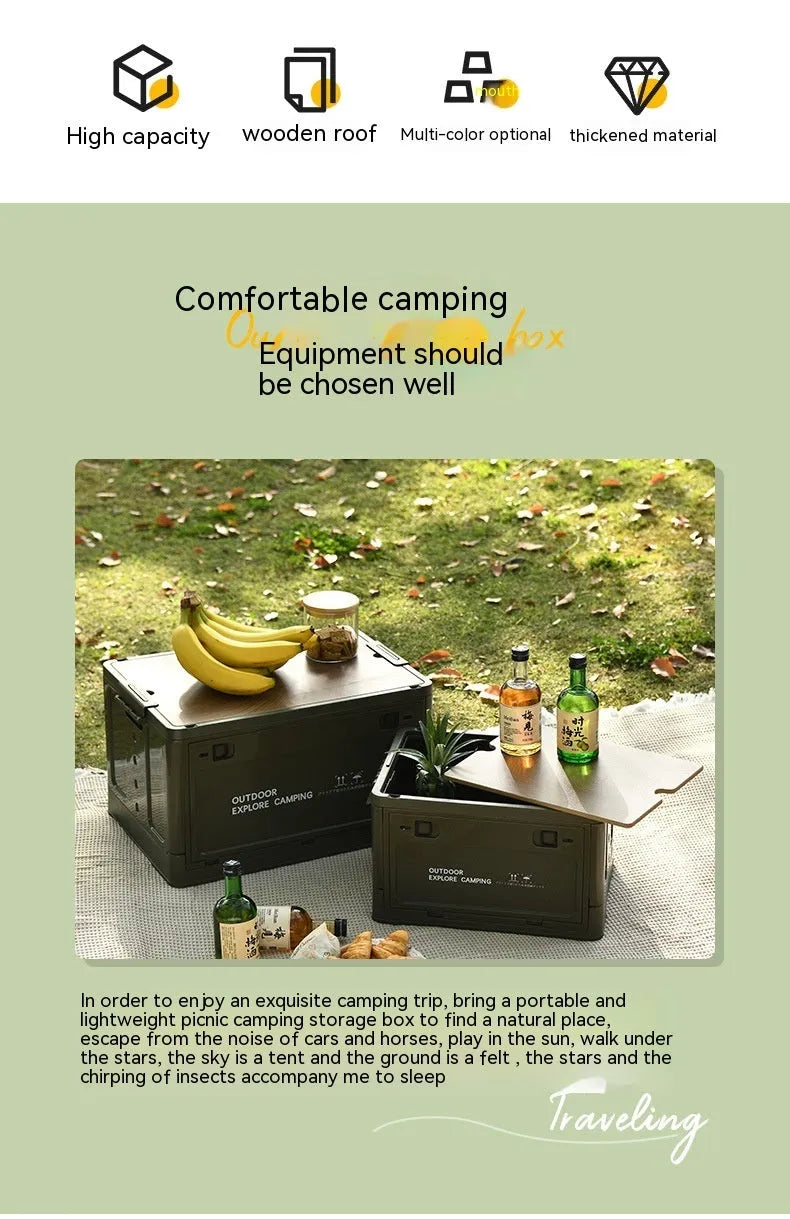 Large white foldable storage box with wooden lid showing dimensions and storage capacity