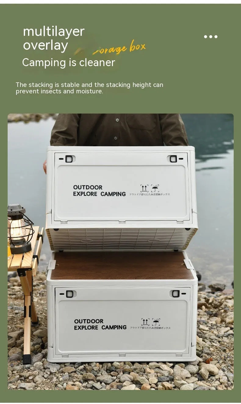 Large white foldable storage box with wooden lid showing dimensions and storage capacity