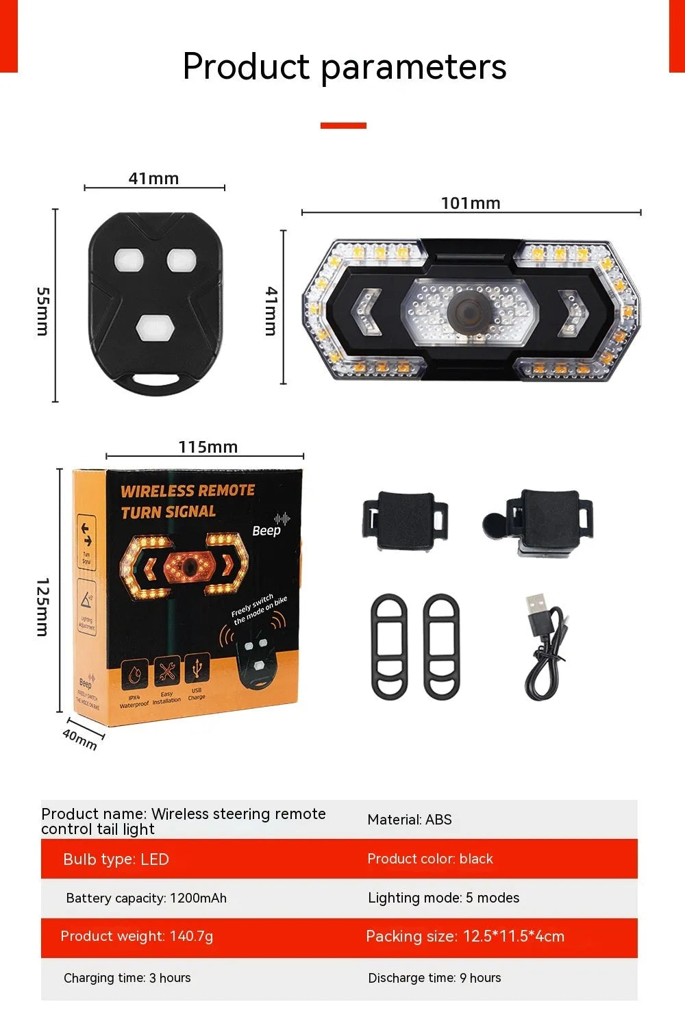 Black wireless remote control motorbike taillight with USB charging port