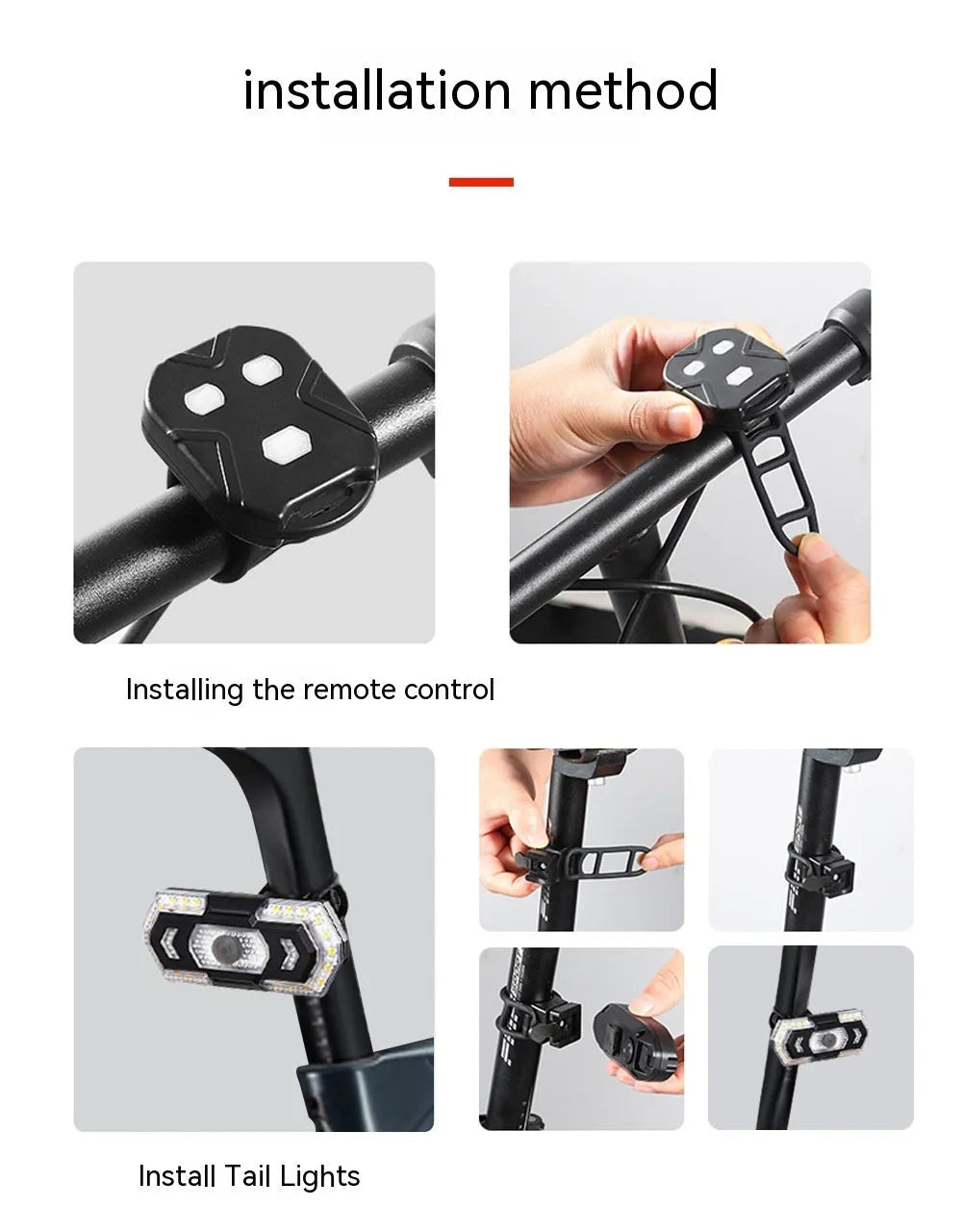 Black wireless remote control motorbike taillight with USB charging port