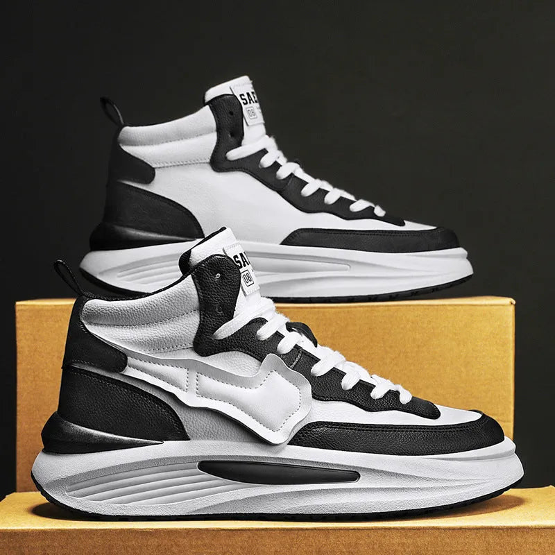 Men's black and white platform high-top board shoes with PU upper and round toe design