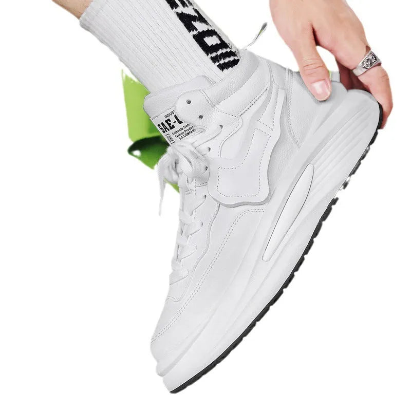 Men's black and white platform high-top board shoes with PU upper and round toe design