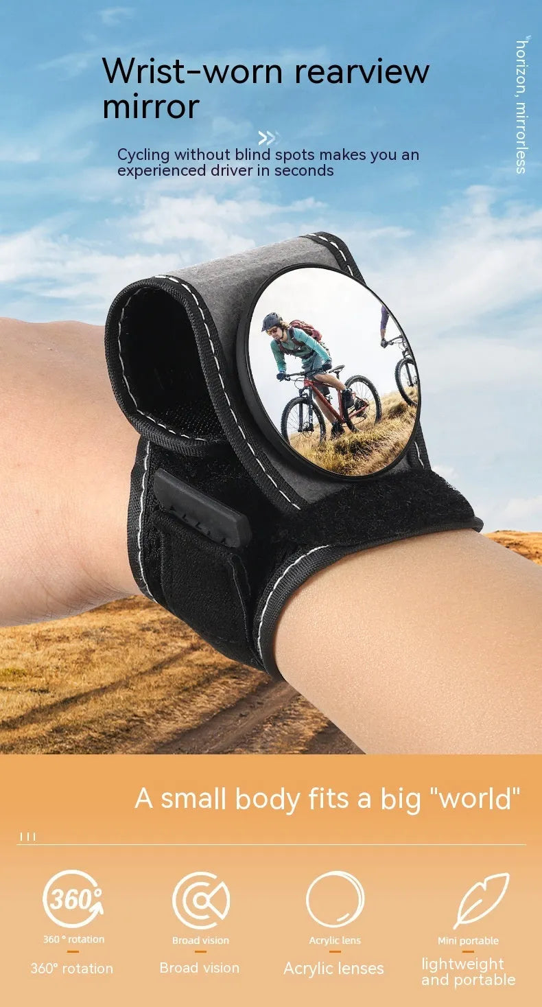 Black nylon bicycle wrist-mounted rear-view mirror for cycling safety.