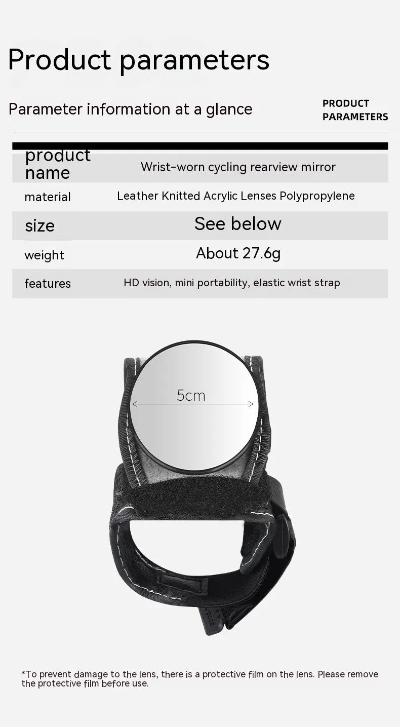 Black nylon bicycle wrist-mounted rear-view mirror for cycling safety.