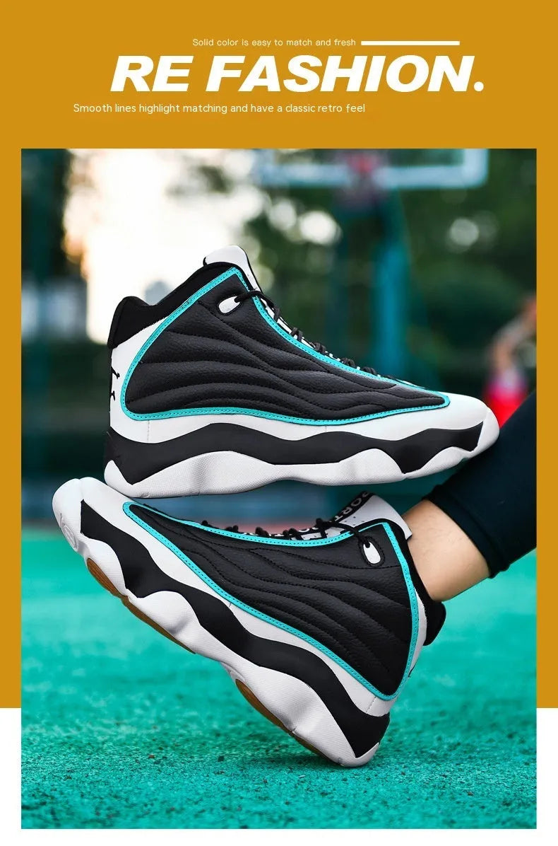 High-top running basketball shoes with mesh upper and thick rubber sole in AJ13 colour options
