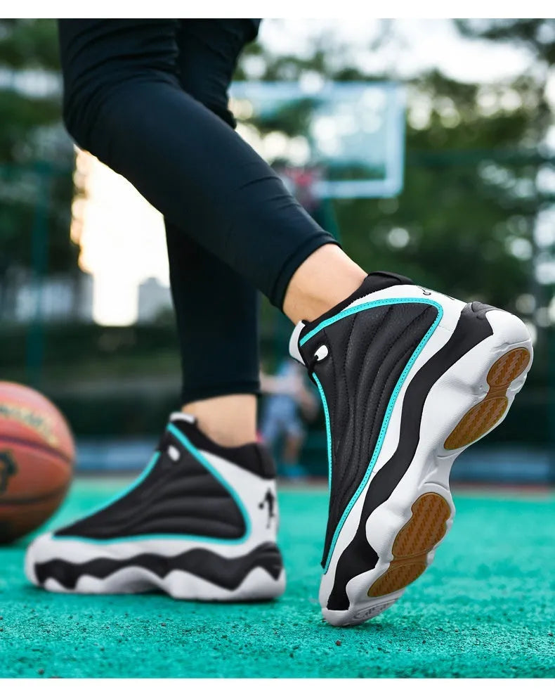 High-top running basketball shoes with mesh upper and thick rubber sole in AJ13 colour options