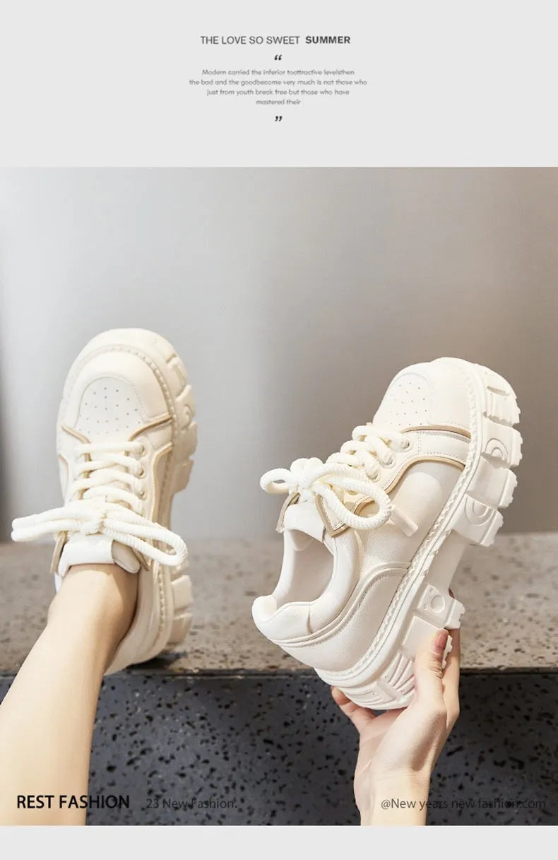 Beige and pink spring casual leather shoes with muffin-bottom soles for height increase