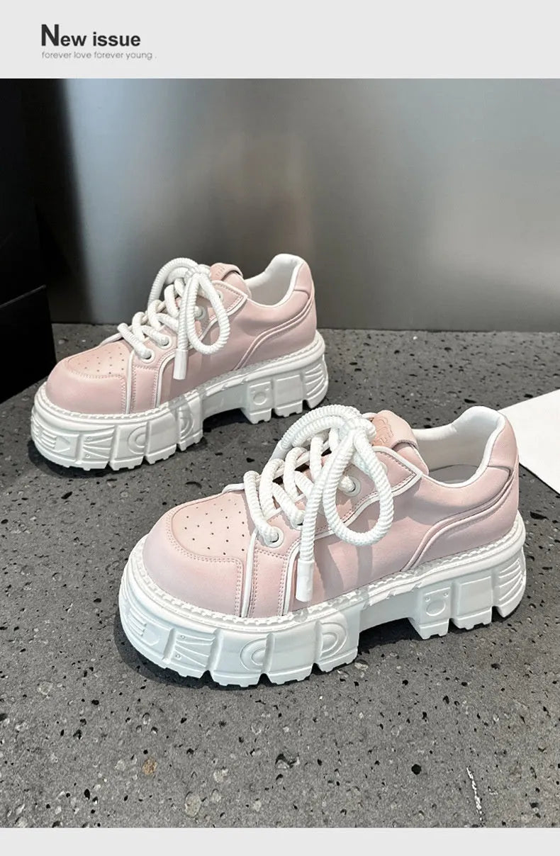Beige and pink spring casual leather shoes with muffin-bottom soles for height increase