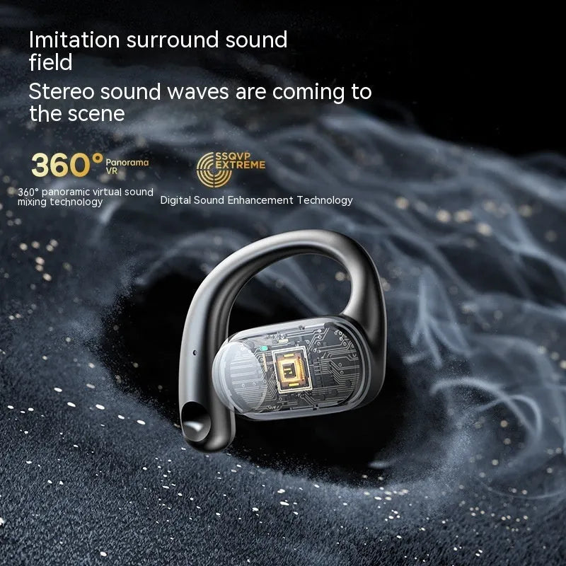 OWS open Bluetooth headset in Elegant Black with ear hook design and charging case