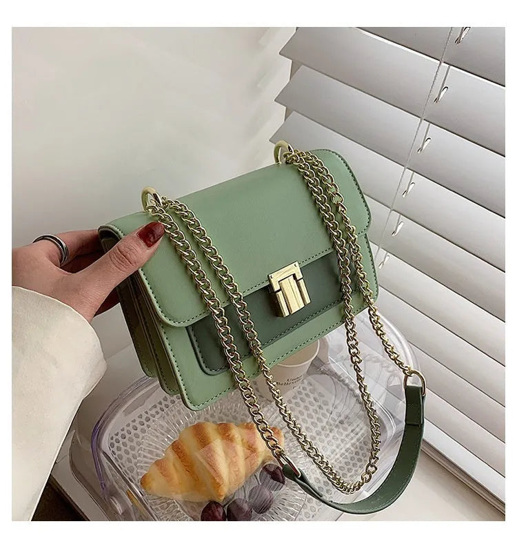 New fashion all-match summer chain messenger bag PU solid colour cross square shoulder bag with lock chain handle available in black green white yellow