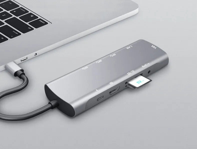 Grey aluminium USB-C docking station with HDMI, VGA, USB ports and 140mm cable