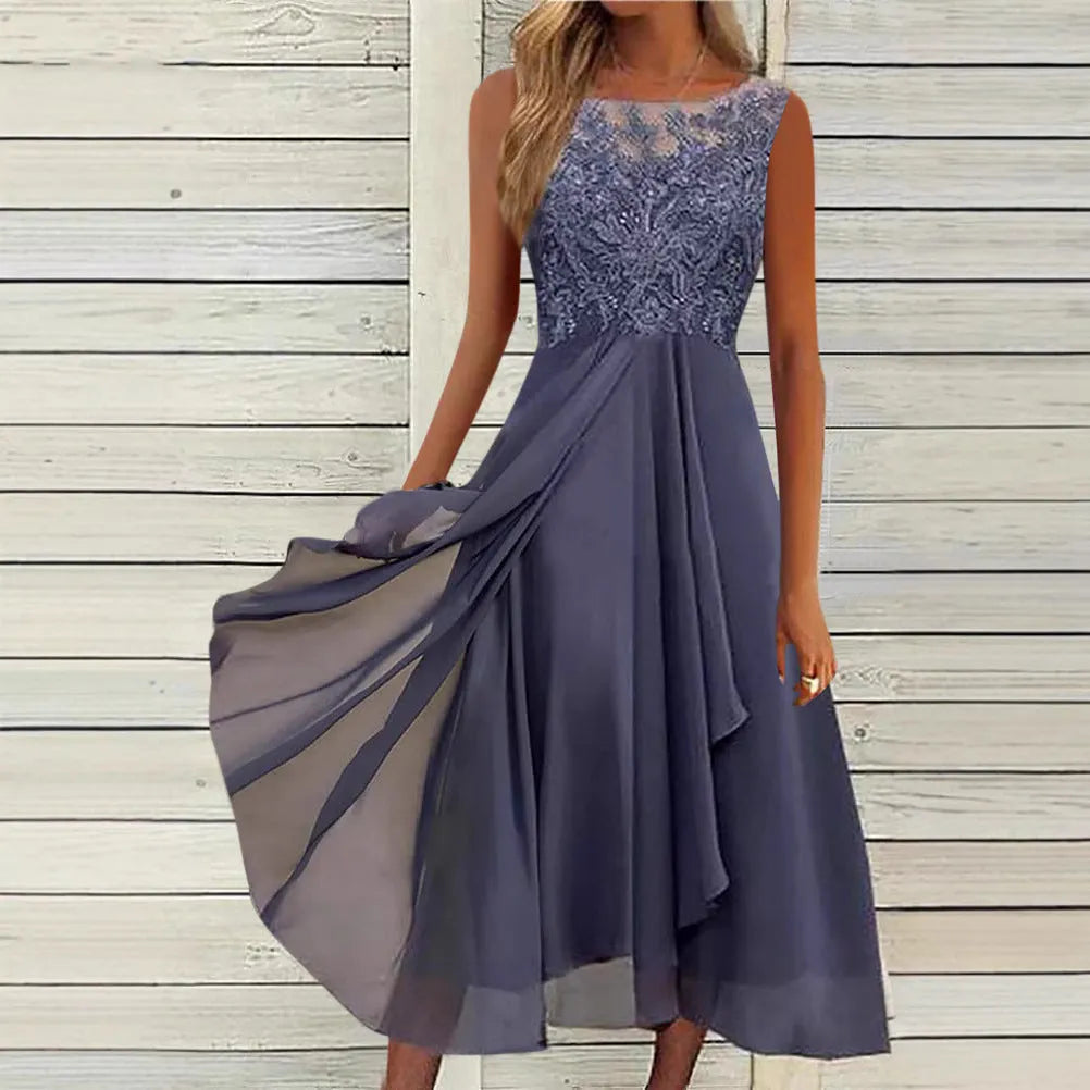 Women's sleeveless chiffon dress with lace hollow-out stitching in green, shown in a princess-style mid-length cut.