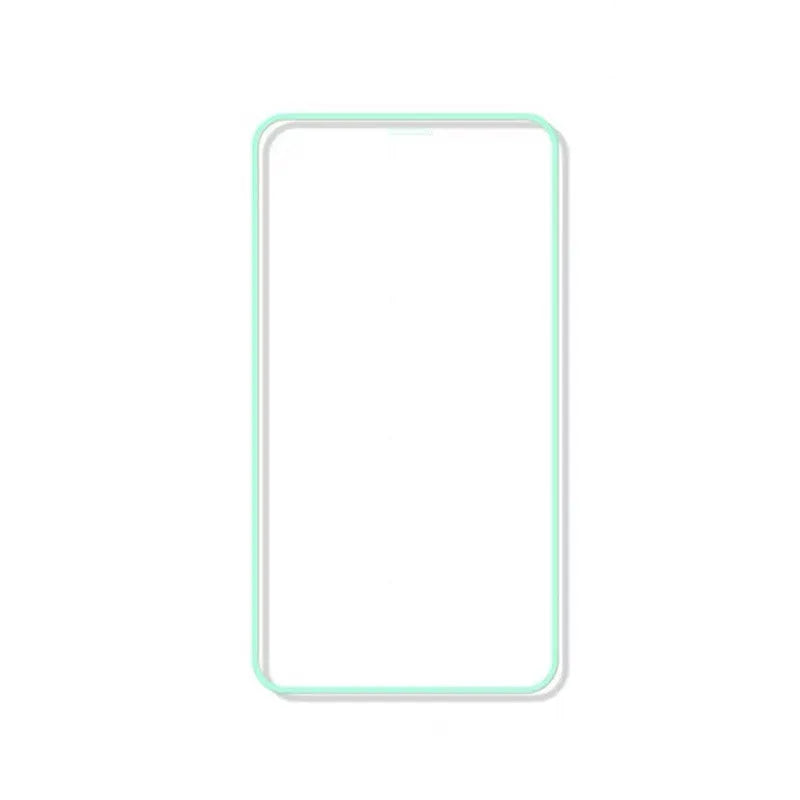 Luminous tempered glass screen protector for iPhone glowing softly in a dark setting.